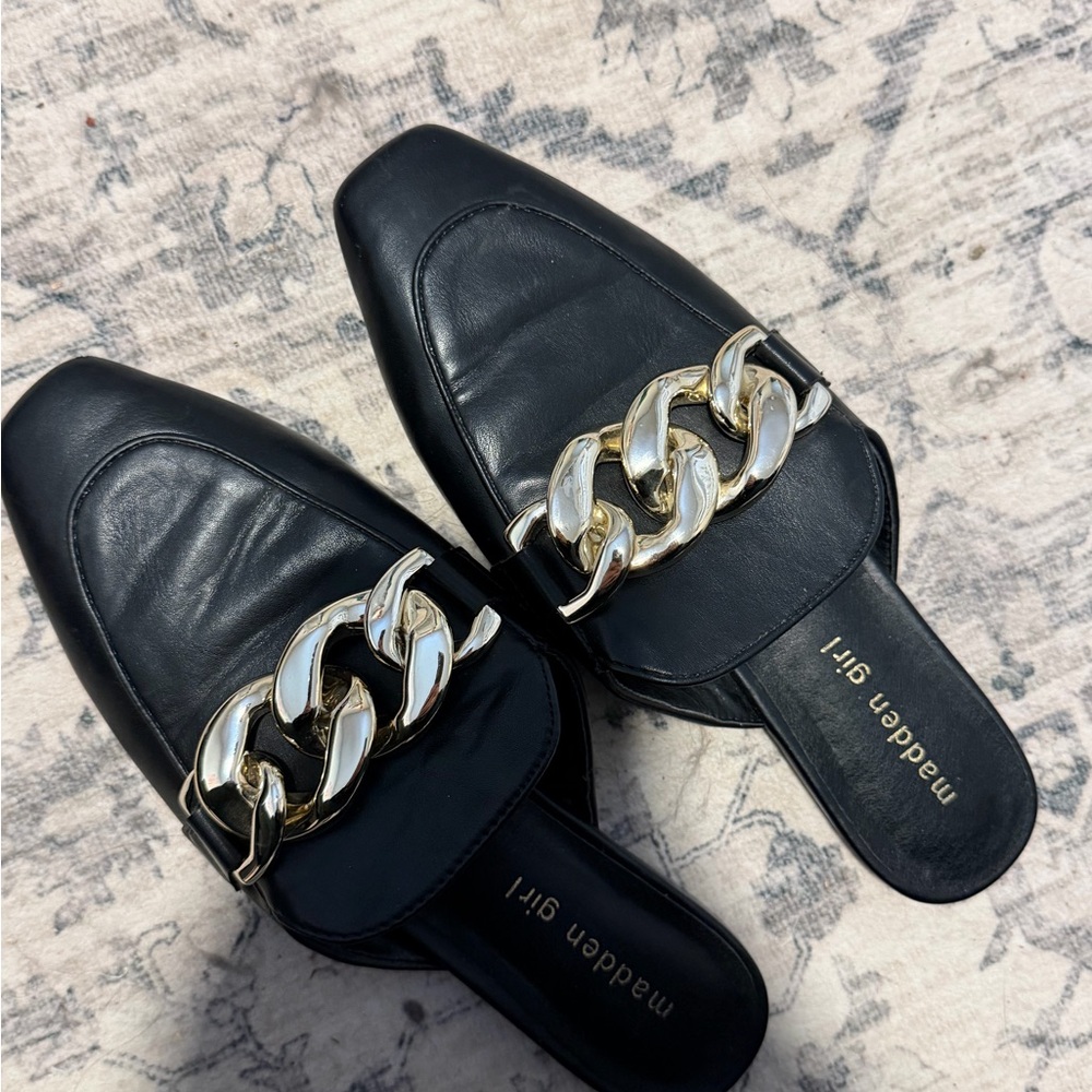 Madden Girl Black Slip-On Mules with Gold Chain Accent